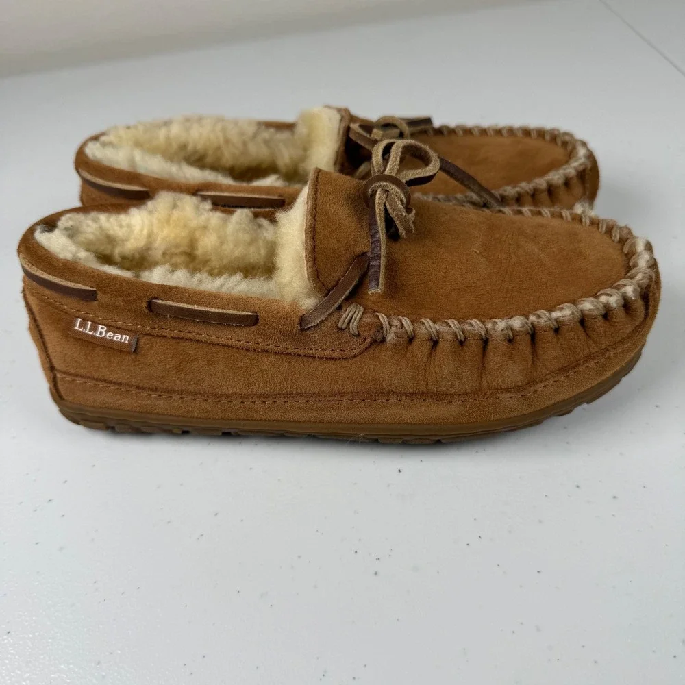 LL Bean Kids 5 Wicked Good Moccasin Slippers Brown Suede Shearling Cozy Gorpcore